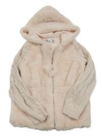 Světlerůžová chlupatá podšitá propínací mikina s pletenými rukávy a kapucí 