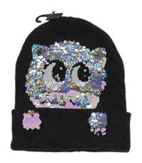 Tmavošedá čepice s kočkou z flitrů 