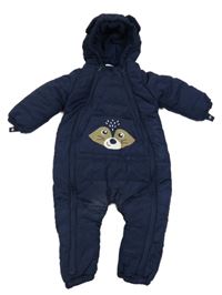 Tmavomodrá šusťáková zimní kombinéza s medvědem a kapucí 