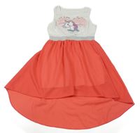 Bílo-korálové šifonové šaty s jednorožcem z flitrů