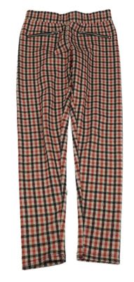 Červeno-béžové kostkované tregíny se zipy 