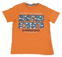 Oranžové tričko s modrým nápisem Yigga