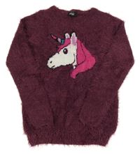 Vínový chlupatý svetr s jednorožcem Page one young