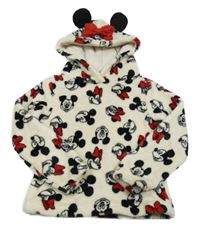 Smetanovo-černo-červená plyšová oversize domácí mikina s Minnie a Mickeym a kapucí C&A