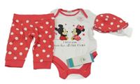 Nové - 3set - Bálo-fuchsiové body s Minnie + puntíkaté tepláky + čepice Disney