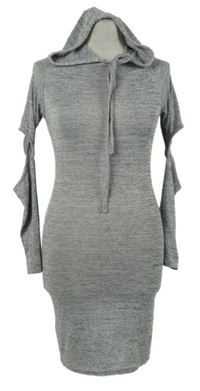 Dámské šedé melírované pletené šaty s průstřihy na rukávech a kapucí Boohoo 