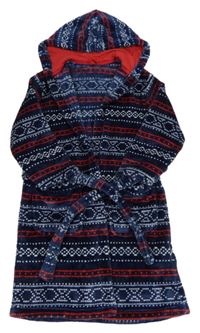 Tmavomodro-červený vzorovaný chlupatý župan s páskem a kapucí M&S