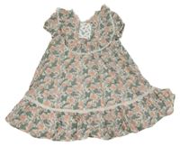 Nové - Bílo-khaki-růžové květované šaty s krajkou