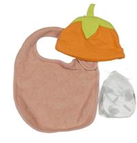 2set - oranžová - dýně + rukavice - nové + růžový froté bryndák 