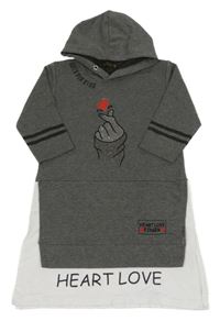 Tmavošedo-bílá tepláková šatová tunika s výšivkou, kamínky a kapucí 