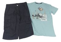 2set - Světlemodré tričko s potiskem + tmavošedé plátěné cargo kraťasy s kapsami 