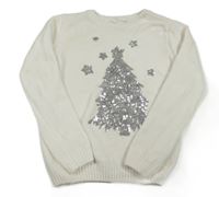Bílý žinylkový svetr se stromkem z flitrů Primark 