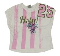 Bílo-růžové pruhované crop tričko s květy a flitry Kanz