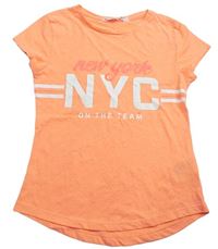 Neonově oranžové melírované tričko s písmenky a nápisy a pruhy zn. H&M