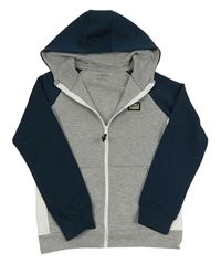 Šedo-bílo-petrolejová melírovaná tech fleece propínací mikina s nášivkou a kapucí PRIMARK