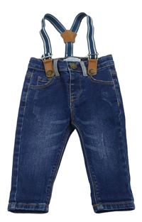 Tmavomodré skinny rifle ošoupaného vzhledu a kšandami PRIMARK