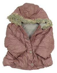 Starorůžová prošívaná šusťáková zimní parka s kapucí s kožešinou Next