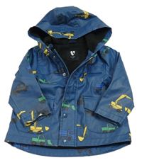 Tmavomodrá nepromokavá jarní bunda se stavebními stroji a auty a kapucí V BY VERY