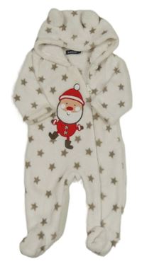 Smetanová plyšová vánoční kombinéza se Santou a hvězdičkami a kapucí in extenso