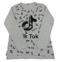 Šedé melírované triko s logy a flitry - Tik Tok