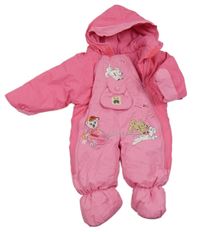 Růžová šusťáková zimní kombinéza s dalmatinky a medvídkem a kapucí 