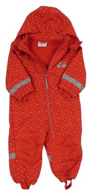 Červená puntíkatá softshellová kombinéza s třešničkami a kapucí Topomini