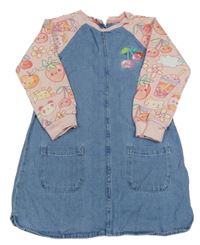 Modro-světlerůžové riflovo/teplákové šaty s třešničkami a obrázky Next