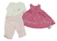 Nové - 3Set - Růžové manšestrové šaty s květy a motýlky + bílé triko + bílo/růžové kytičkované tepláky s volánky St. Bernard