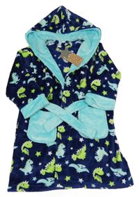 Nové - tmavomodro-světlemodrý plyšový župan s dinosaury a kapucí MINIKIDZ