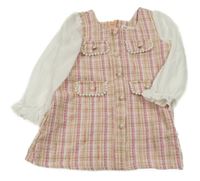 Kostkované teplé šaty s gombíky a korálky a bílými šifonovými rukávy SHEIN