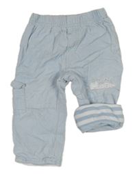 Světlemodré manšestrové podšité kalhoty s nápisy a kapsou 