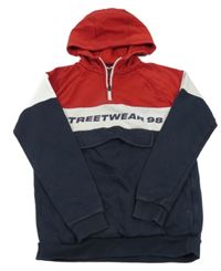 Tmavomodro-bílo-červená mikina s nápisem a kapucí F&F