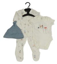 Nové - 3Set - Bílý overal s balony a auty a zvířátky + body + modrá žebrovaná čepice F&F