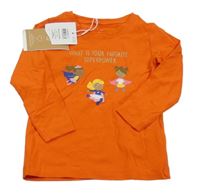 Nové - tmavooranžové triko se superdívkami a zlatými nápisy zn name it.