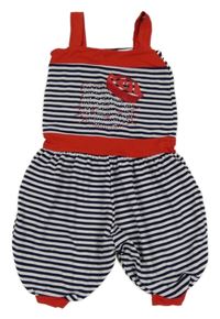 Tmavomodro-bílo-červený pruhovaný kalhotový overal s Kitty z kamínků