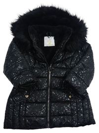Černý šusťákový lesklý zimní kabát s leopardím vzorem a kapucí s kožíškem Matalan