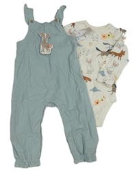 Nové - 2set - Světlelmodré manšestrové laclové kalhoty s králíkem + smetanové body se zvířaty M&S