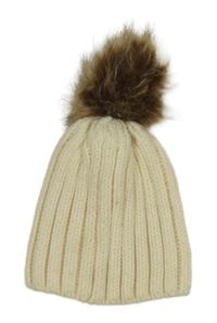 Krémová žebrovaná pletená čepice s bambulí