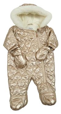 Béžová lesklá prošívaná šusťáková zimní kombinéza se srdíčky a kapucí + rukavice F&F