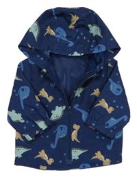 Tmavomodrá šusťáková jarní bunda s dinosaury a kapucí Ergee