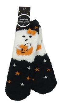 Nové - Černo-bílé chlupaté ponožky s duchem s dýní