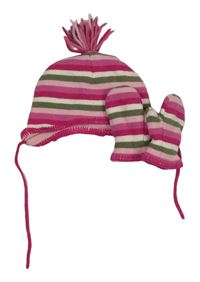 2set - Růžovo-šedo-bílá pruhovaná čepice s třásněmi + rukavice H&M
