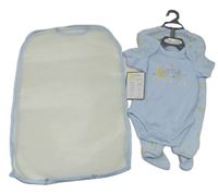2 set - Světlemodré body s nápisem + světlemodrý overal s hvězdičkami 