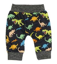 Černo-šedé lehké tepláky s barevnými dinosaury 
