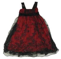 Rubínovo-černé tylové slavnostní šaty s kamínky a páskem 