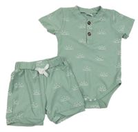 2 set - zelené žebrované body se sluníčky + zelené žebrované kraťasy 