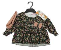 Nové - 2 set - tmavozelená květovaná lehká tunika s mašlí + růžová úpletová čelenka 