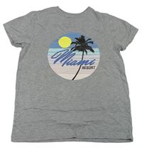 Šedé melírované tričko se sluncem a palmou Primark