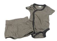 2set - Tmavohnědo-béžové pruhované žebrované zavinovací body + kraťasy Next
