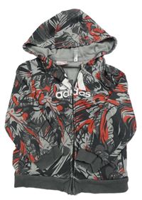 Šedo-červeno-černá vzorovaná propínací mikina s logem a kapucí Adidas